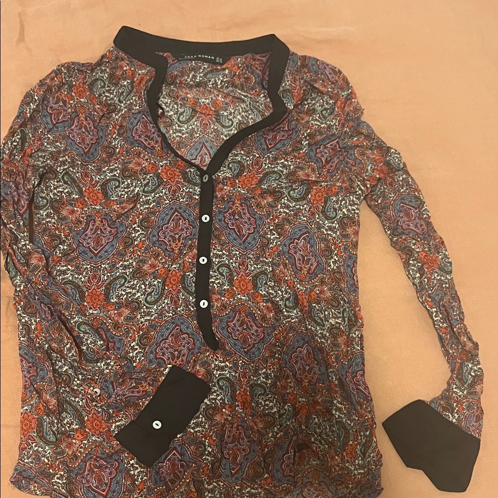 Zara Colorful Paisley Blouse with Black Trim